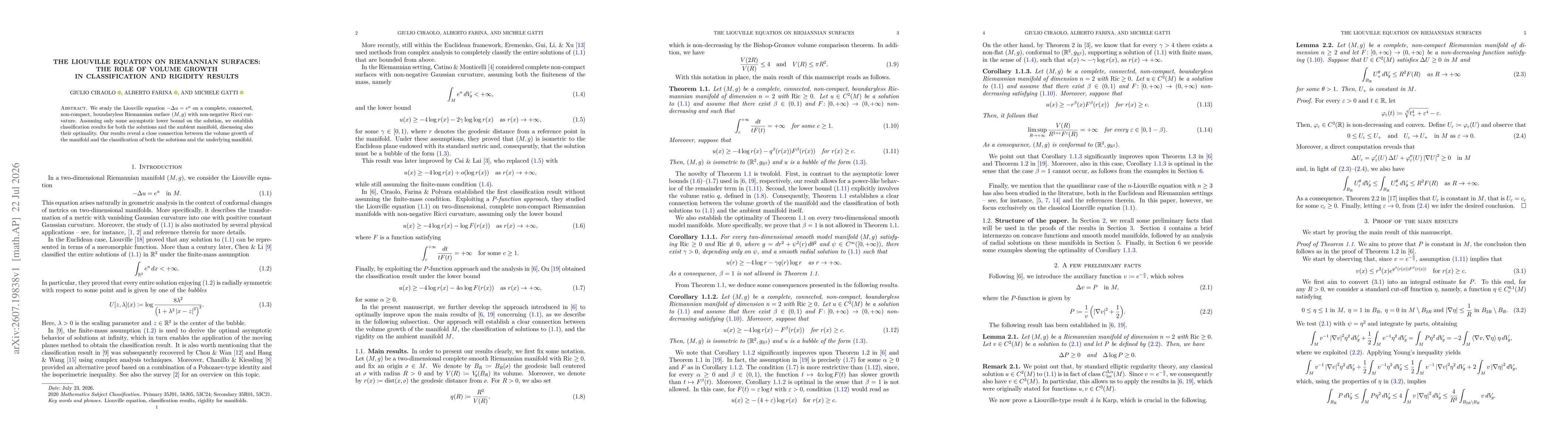 Thumbnail for The Liouville equation on Riemannian surfaces: the role of volume growth in classification and rigidity results