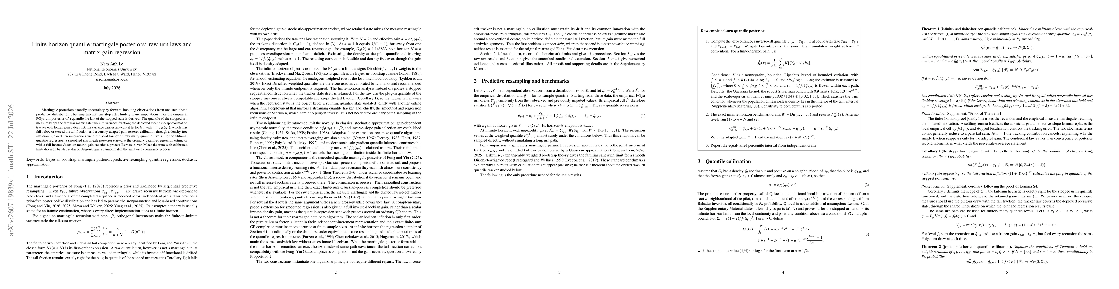 Thumbnail for Finite-horizon quantile martingale posteriors: raw-urn laws and matrix-gain regression