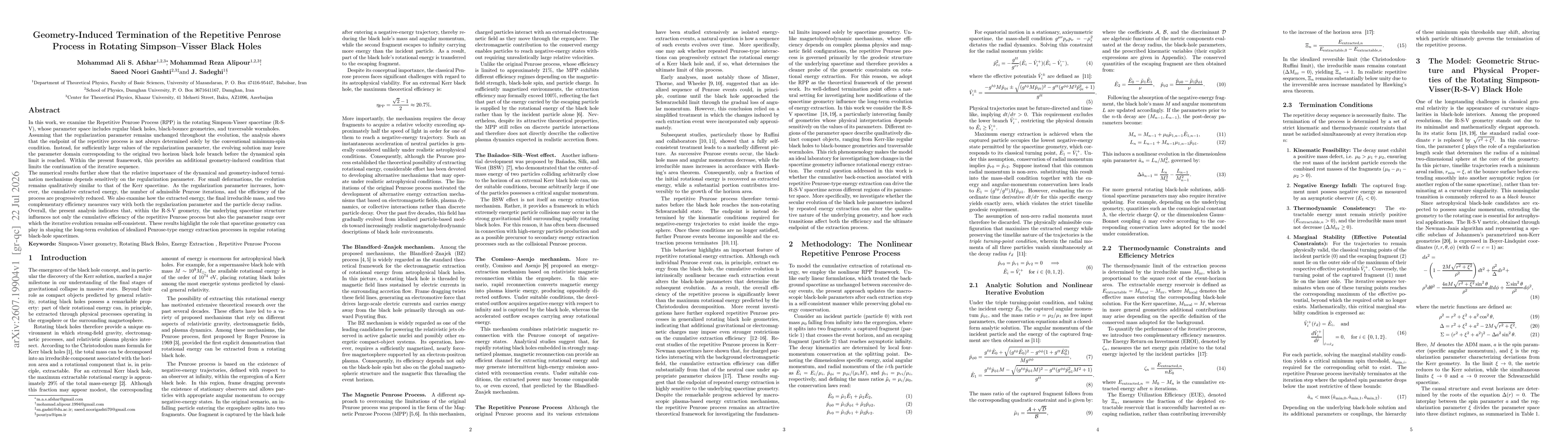 Thumbnail for Geometry-Induced Termination of the Repetitive Penrose Process in Rotating Simpson-Visser Black Holes