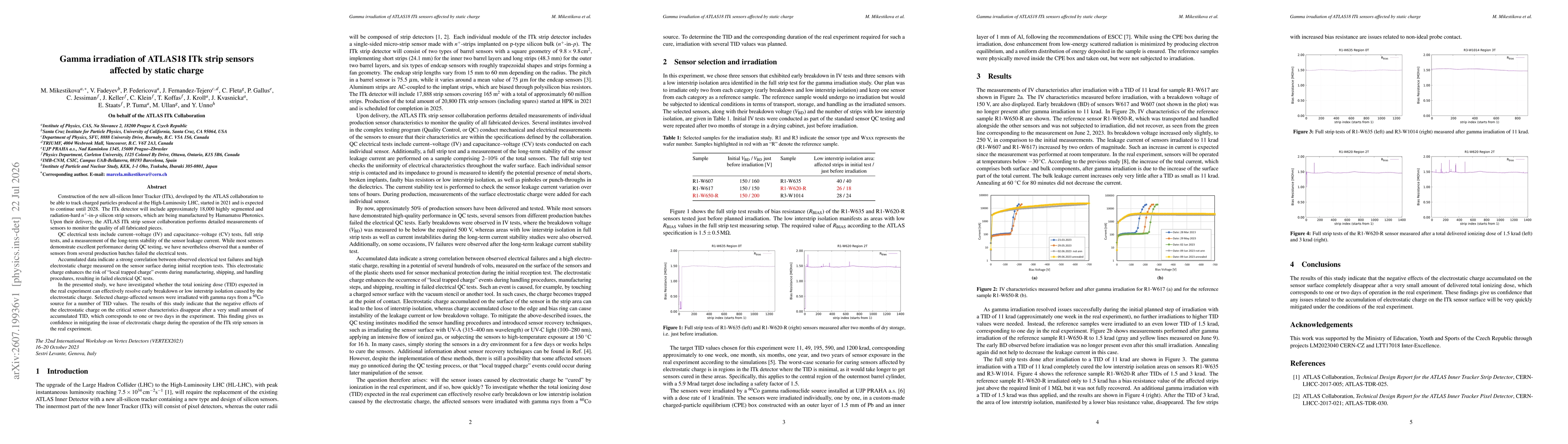 Thumbnail for Gamma irradiation of ATLAS18 ITk strip sensors affected by static charge