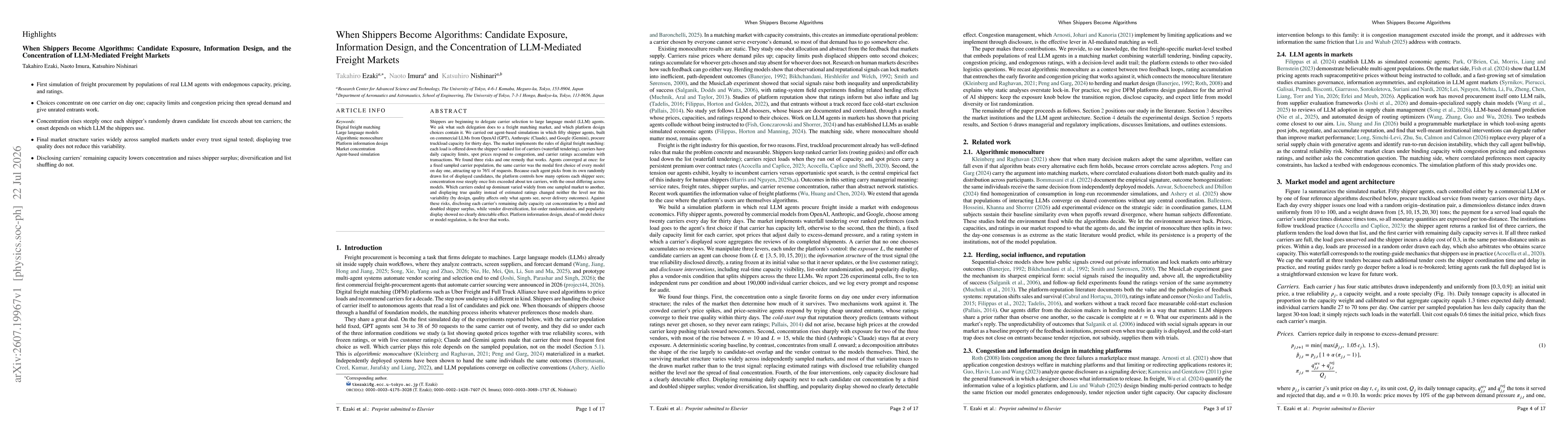Thumbnail for When Shippers Become Algorithms: Candidate Exposure, Information Design, and the Concentration of LLM-Mediated Freight Markets