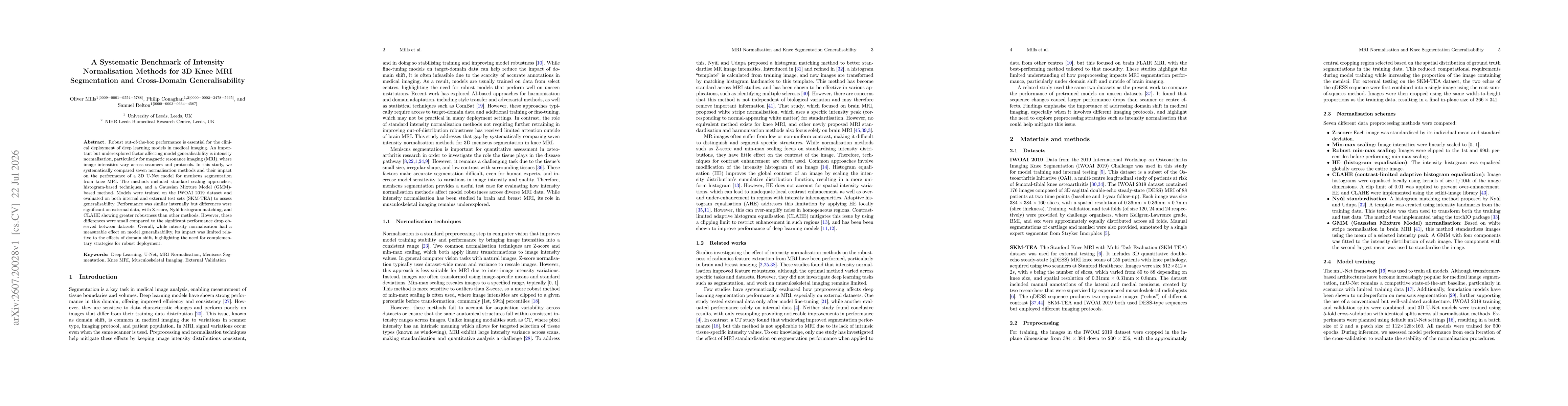 Thumbnail for A Systematic Benchmark of Intensity Normalisation Methods for 3D Knee MRI Segmentation and Cross-Domain Generalisability