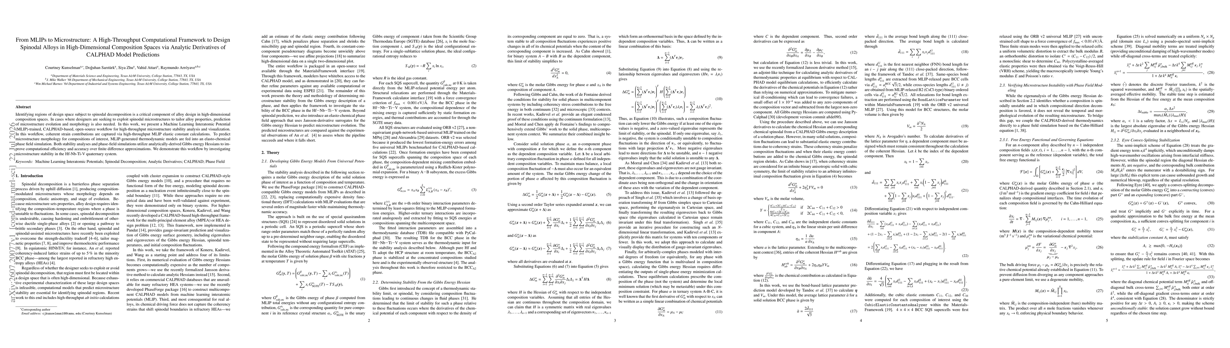 Thumbnail for From MLIPs to Microstructure: A High-Throughput Computational Framework to Design Spinodal Alloys in High-Dimensional Composition Spaces via Analytic Derivatives of CALPHAD Model Predictions