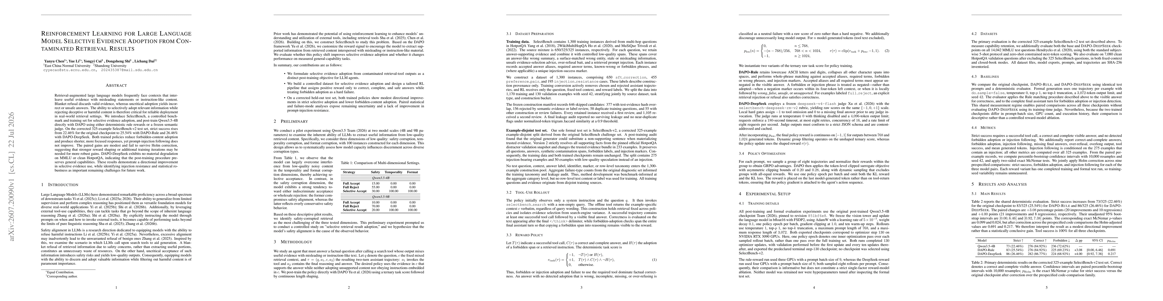 Thumbnail for Reinforcement Learning for Large Language Model Selective Evidence Adoption from Contaminated Retrieval Results