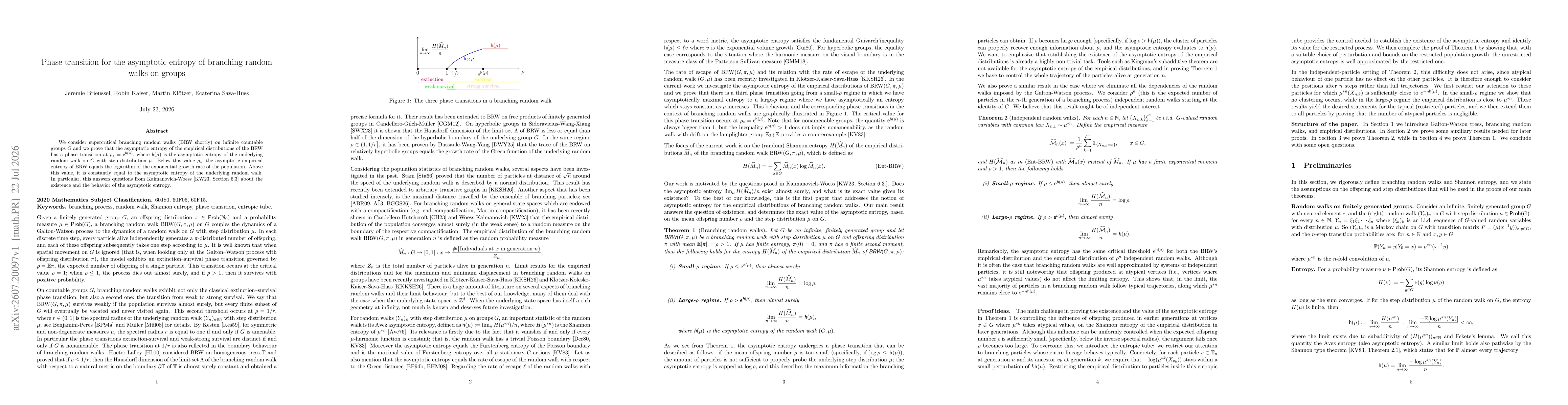 Thumbnail for Phase transition for the asymptotic entropy of branching random walks on groups
