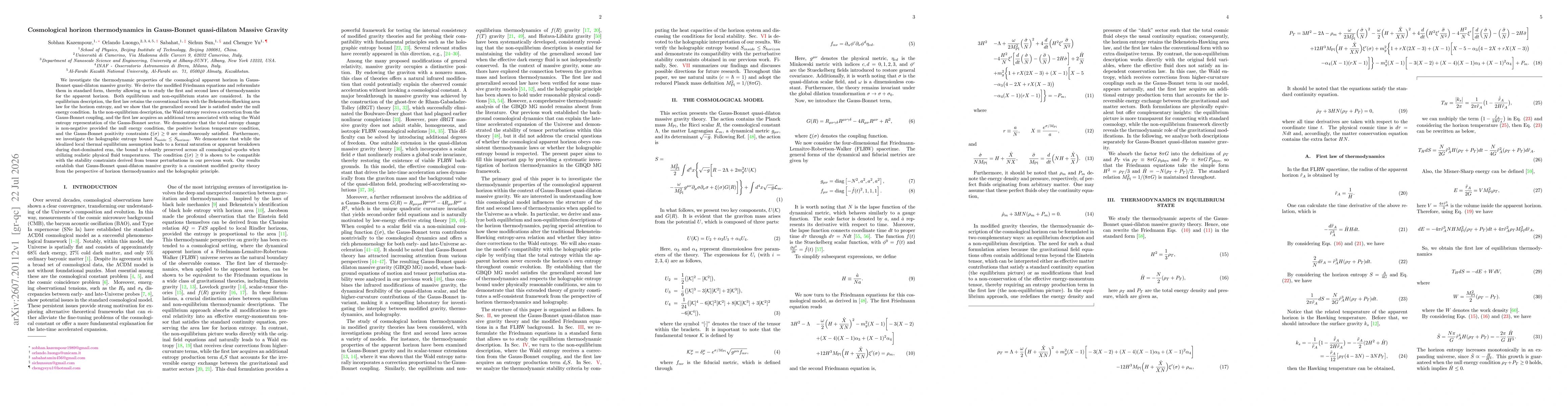 Thumbnail for Cosmological horizon thermodynamics in Gauss-Bonnet quasi-dilaton Massive Gravity