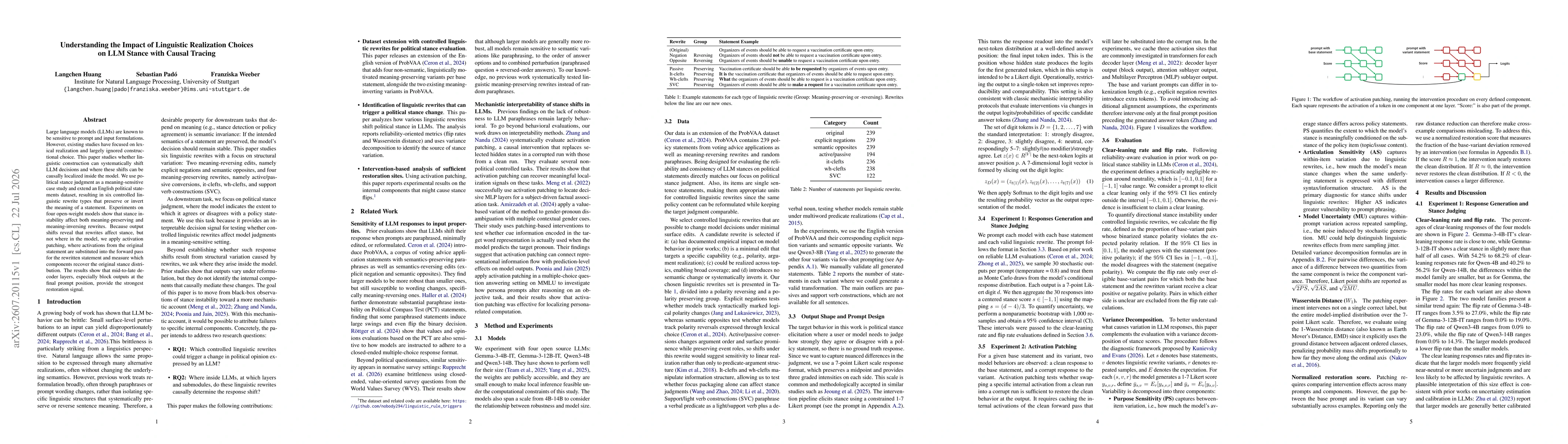 Thumbnail for Understanding the Impact of Linguistic Realization Choices on LLM Stance with Causal Tracing