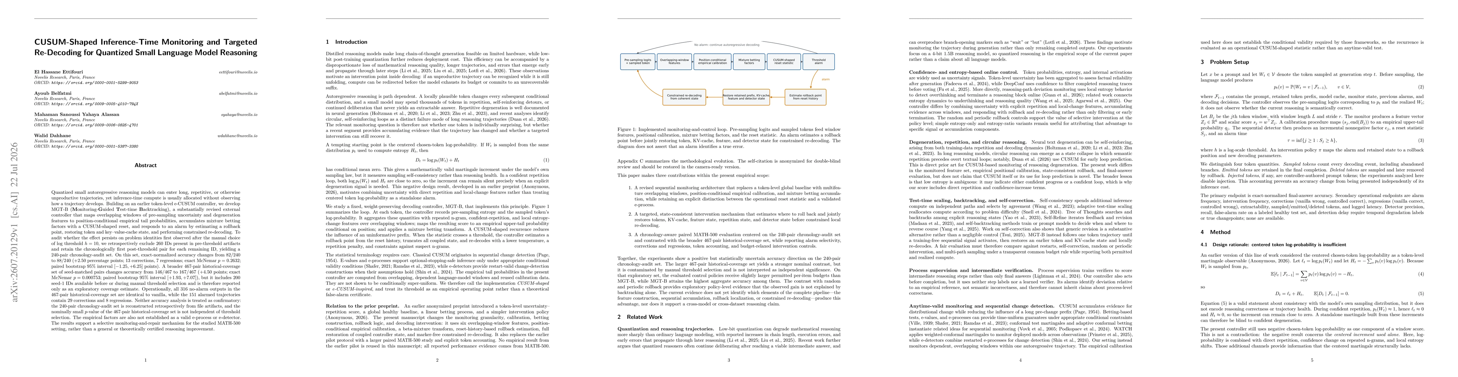 Thumbnail for CUSUM-Shaped Inference-Time Monitoring and Targeted Re-Decoding for Quantized Small Language Model Reasoning