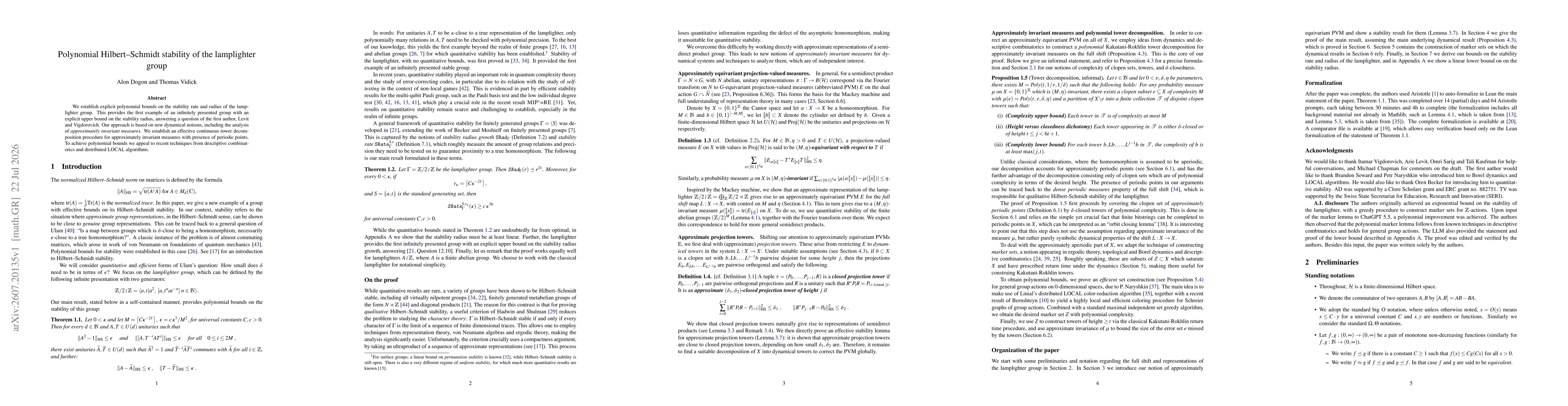 Thumbnail for Polynomial Hilbert-Schmidt stability of the lamplighter group