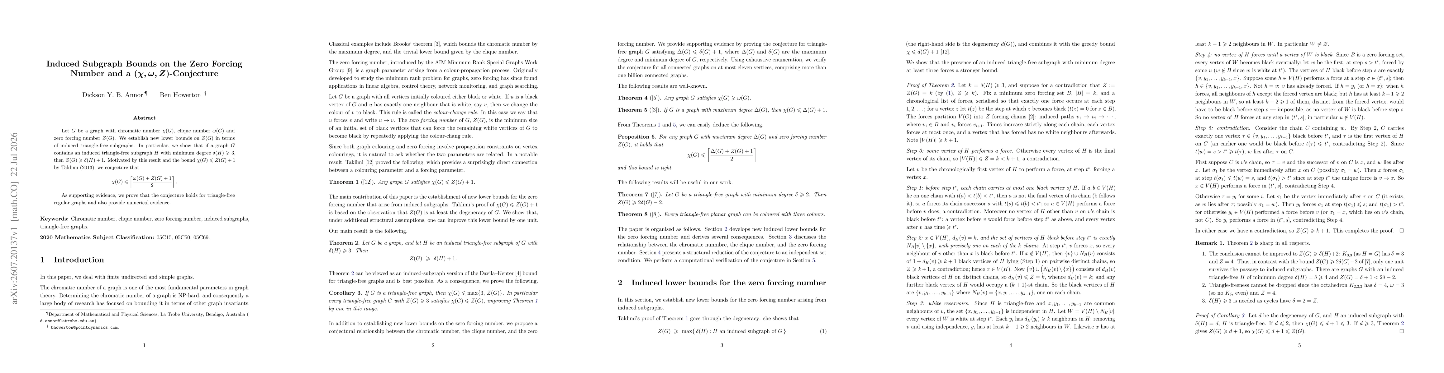 Thumbnail for Induced Subgraph Bounds on the Zero Forcing Number and a $(χ, ω, Z)$-Conjecture