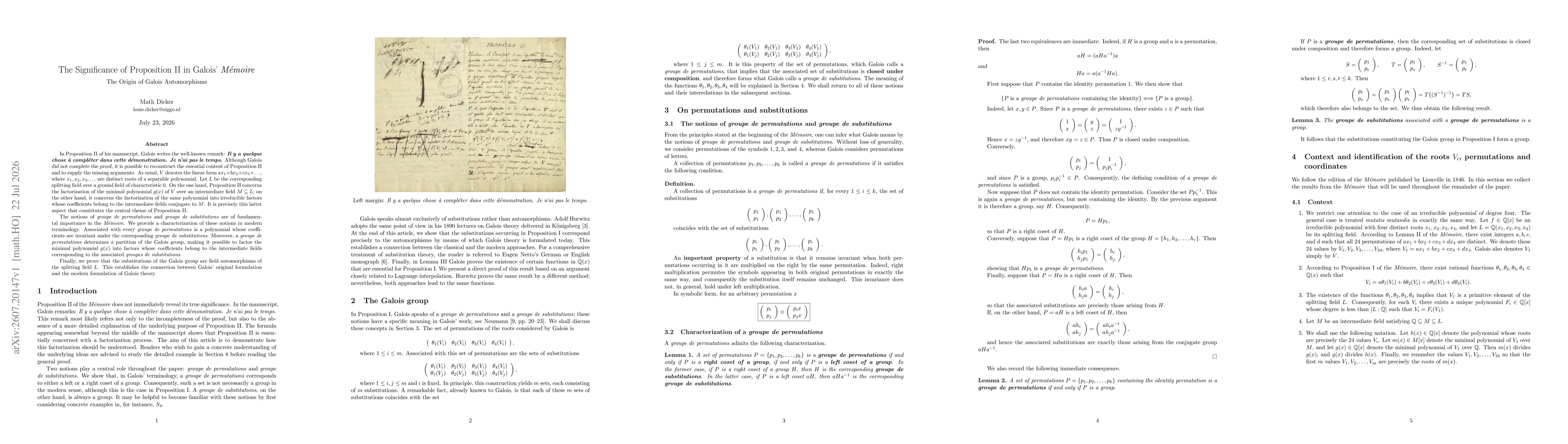 Thumbnail for The Significance of Proposition II in Galois' Mémoire, The Origin of Galois Automorphisms