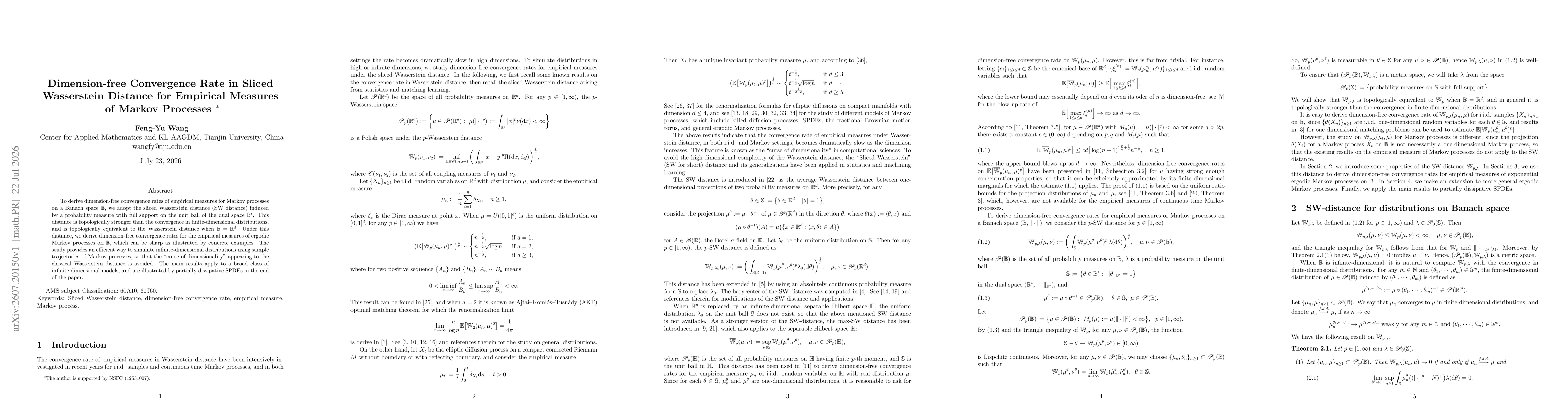 Thumbnail for Dimension-free Convergence Rate in Sliced Wasserstein Distance for Empirical Measures of Markov Processes