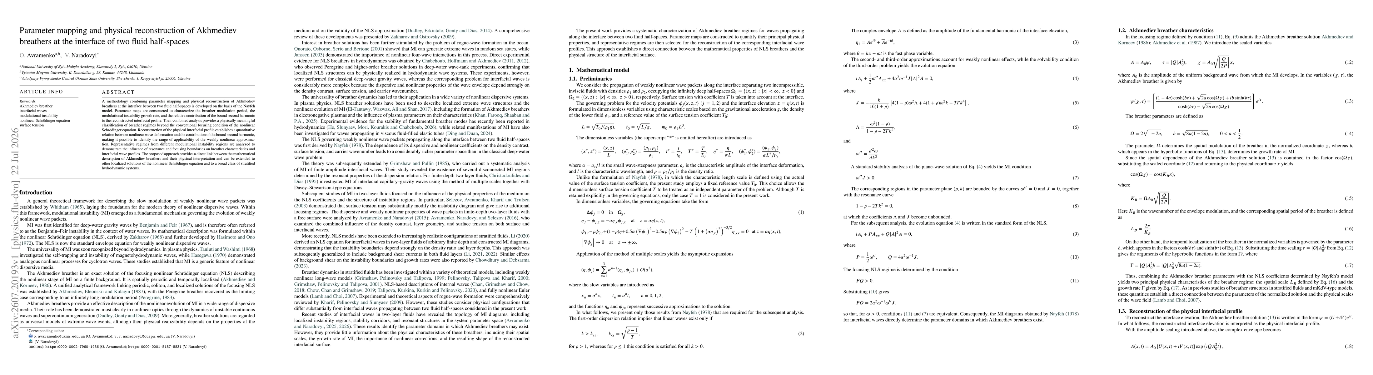 Thumbnail for Parameter mapping and physical reconstruction of Akhmediev breathers at the interface of two fluid half-spaces
