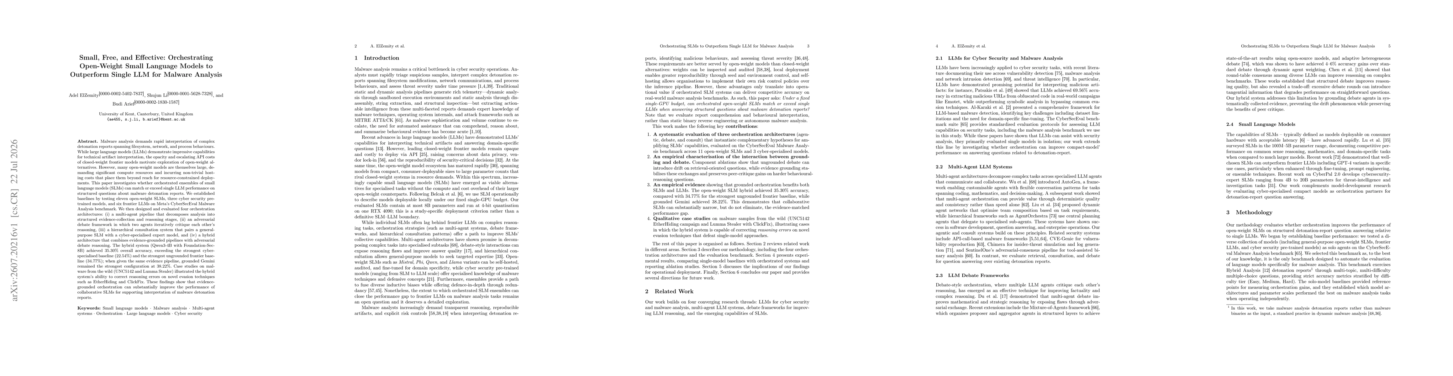 Thumbnail for Small, Free, and Effective: Orchestrating Open-Weight Small Language Models to Outperform Single LLM for Malware Analysis