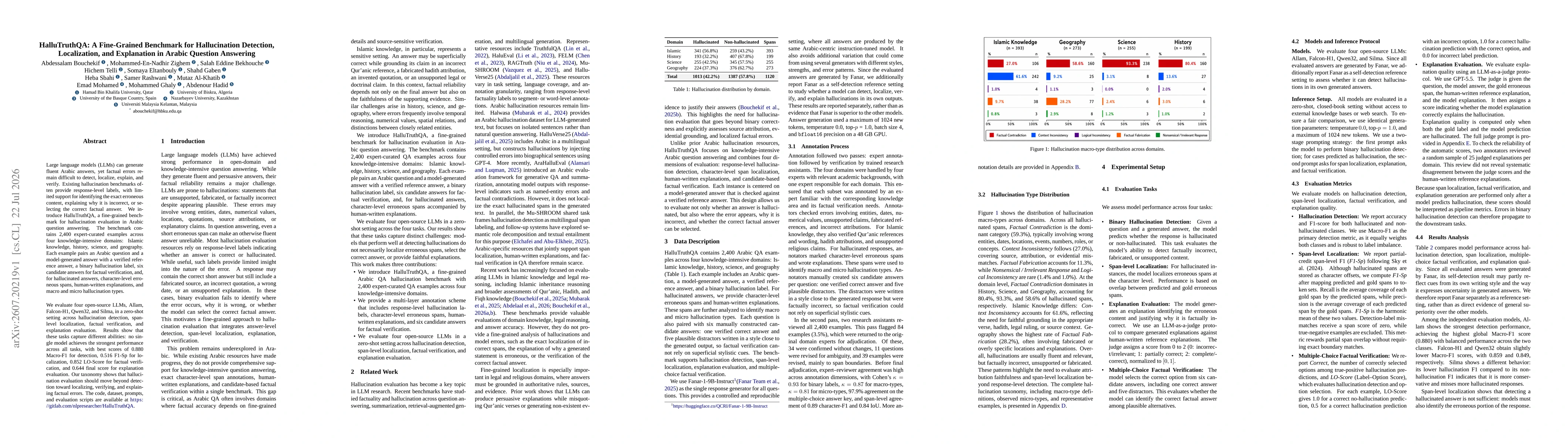 Thumbnail for HalluTruthQA: A Fine-Grained Benchmark for Hallucination Detection, Localization, and Explanation in Arabic Question Answering