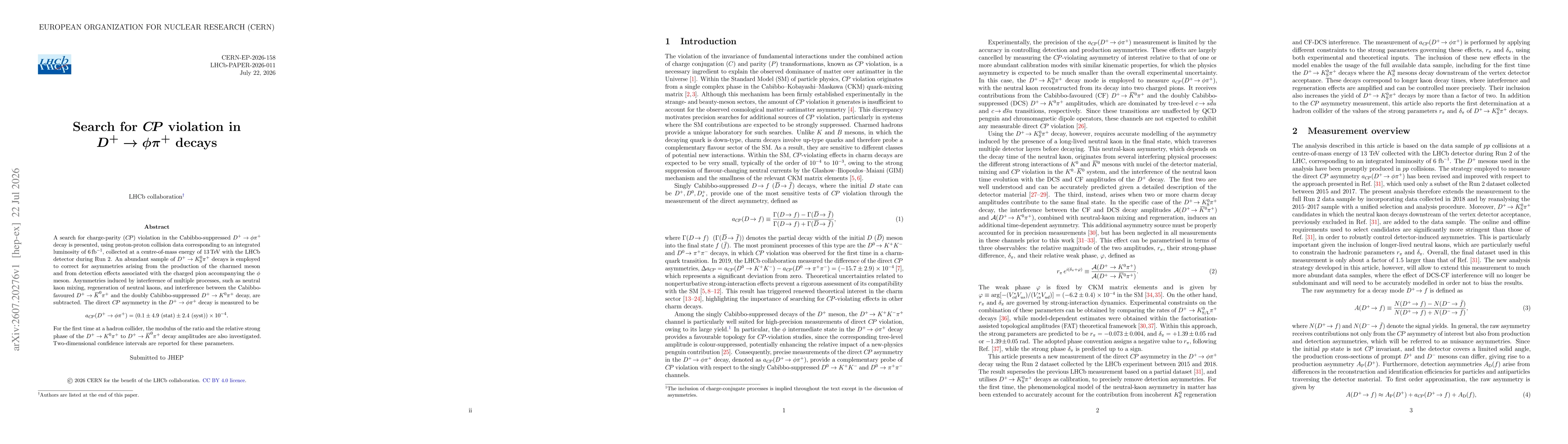 Thumbnail for Search for $C\!P$ violation in $D^+ \to φπ^+$ decays