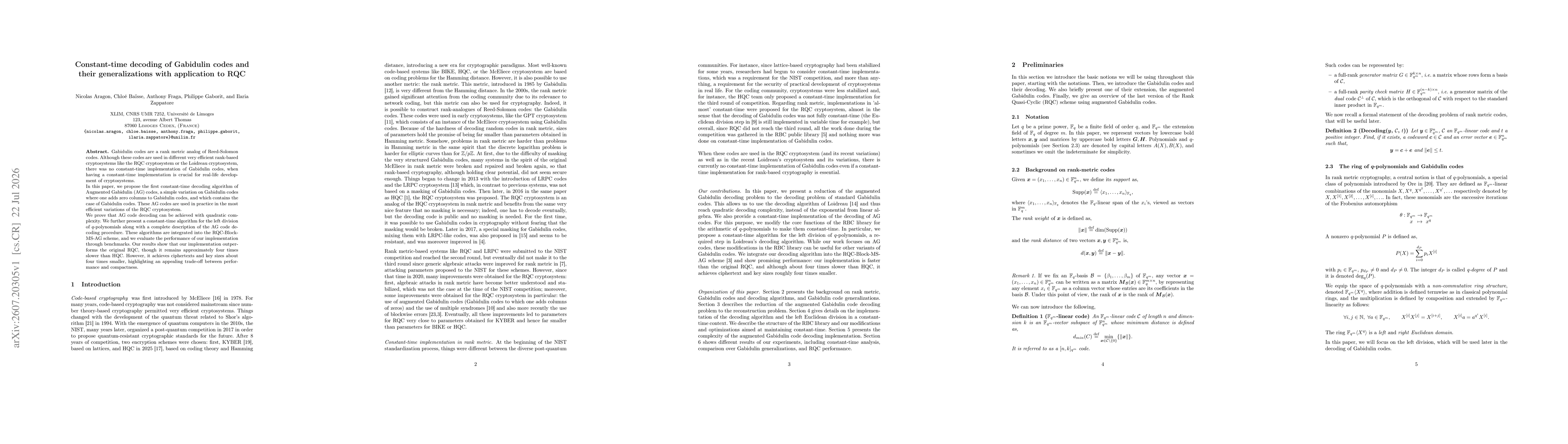 Thumbnail for Constant-time decoding of Gabidulin codes and their generalizations with application to RQC