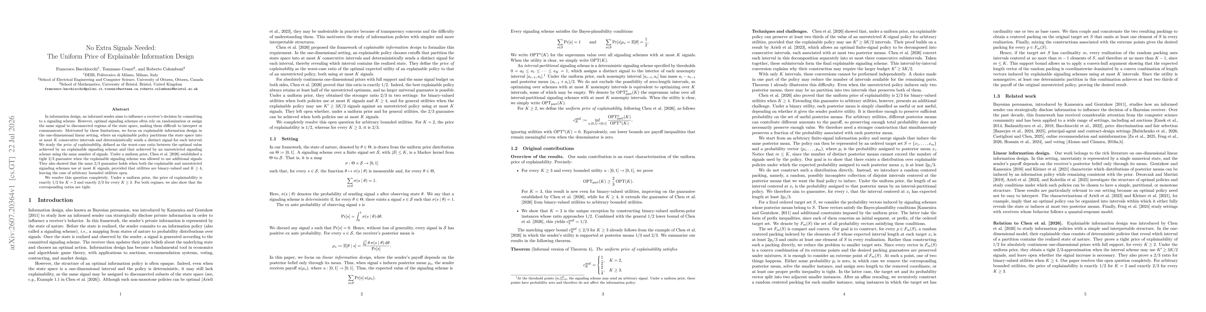 Thumbnail for No Extra Signals Needed: The Uniform Price of Explainable Information Design
