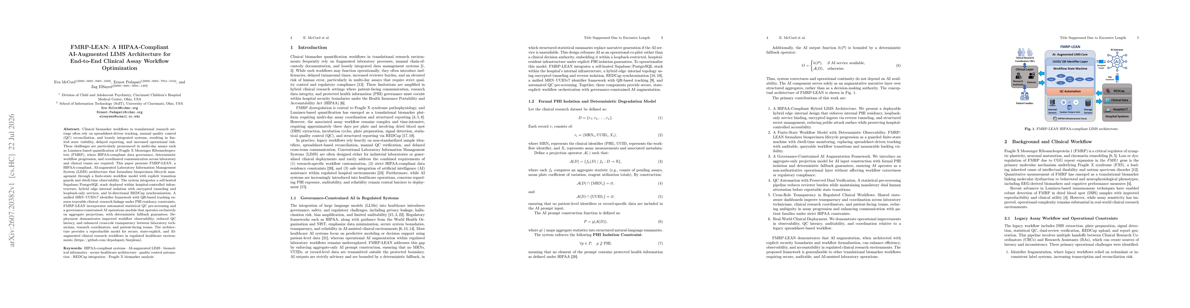 Thumbnail for FMRP-LEAN: A HIPAA-Compliant AI-Augmented LIMS Architecture for End-to-End Clinical Assay Workflow Optimization