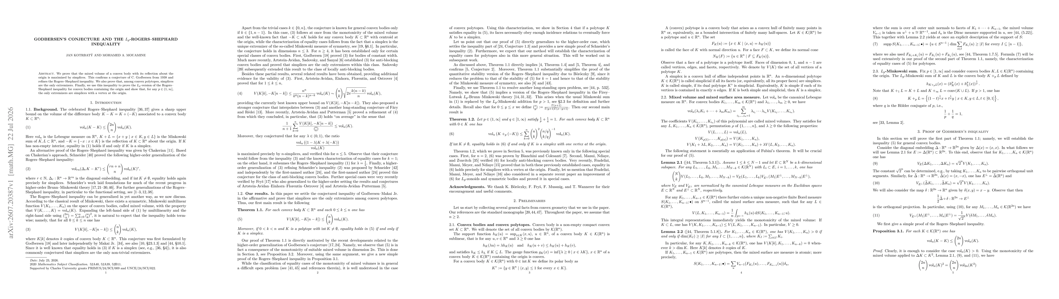 Thumbnail for Godbersen's conjecture and the $L_p$-Rogers-Shephard inequality