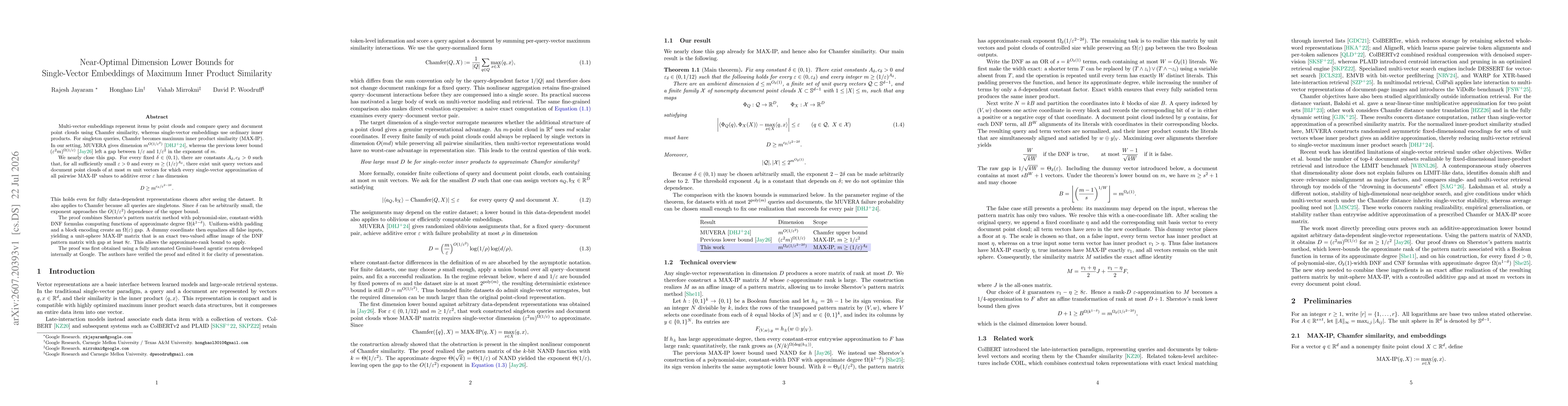 Thumbnail for Near-Optimal Dimension Lower Bounds for Single-Vector Embeddings of Maximum Inner Product Similarity