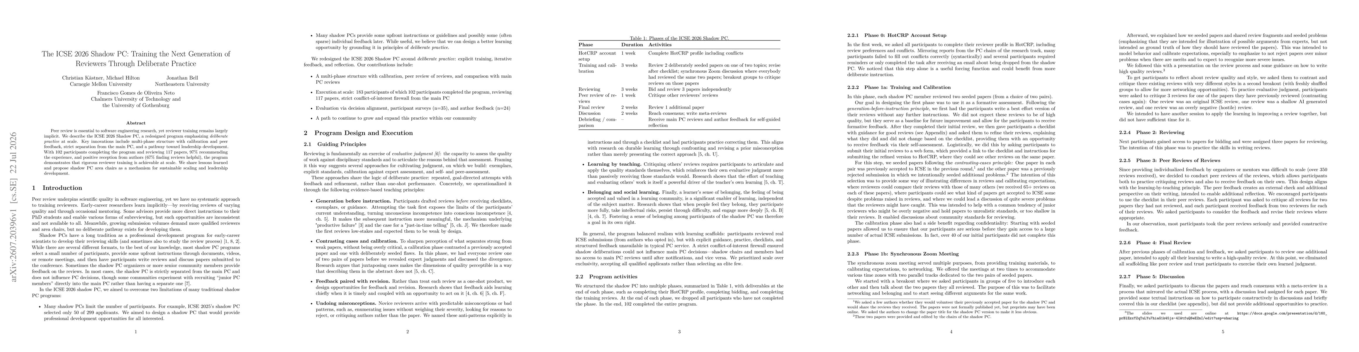 Thumbnail for The ICSE 2026 Shadow PC: Training the Next Generation of Reviewers Through Deliberate Practice