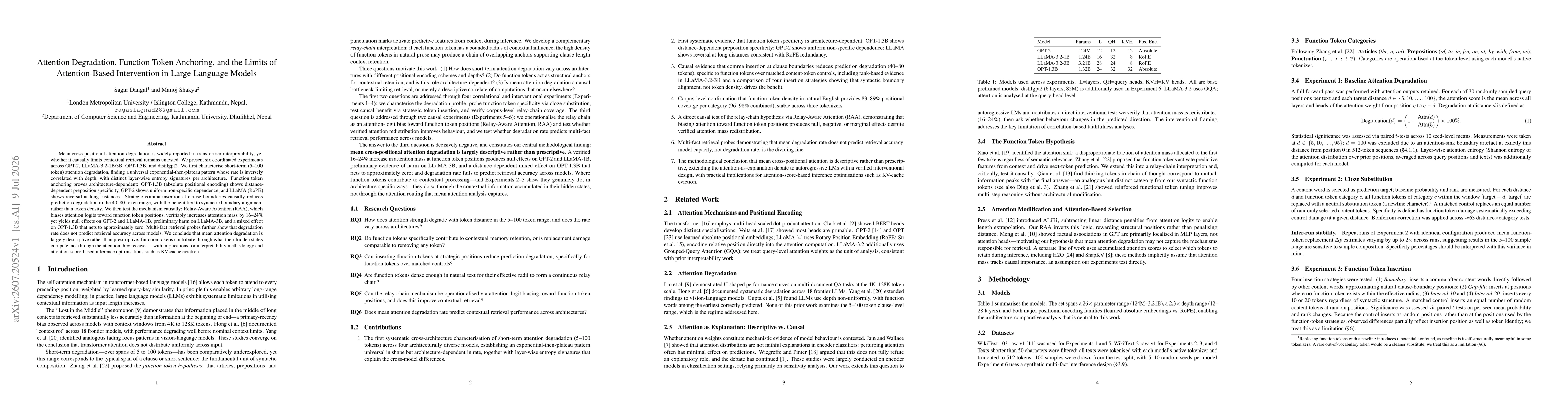 Thumbnail for Attention Degradation, Function Token Anchoring, and the Limits of Attention-Based Intervention in Large Language Models