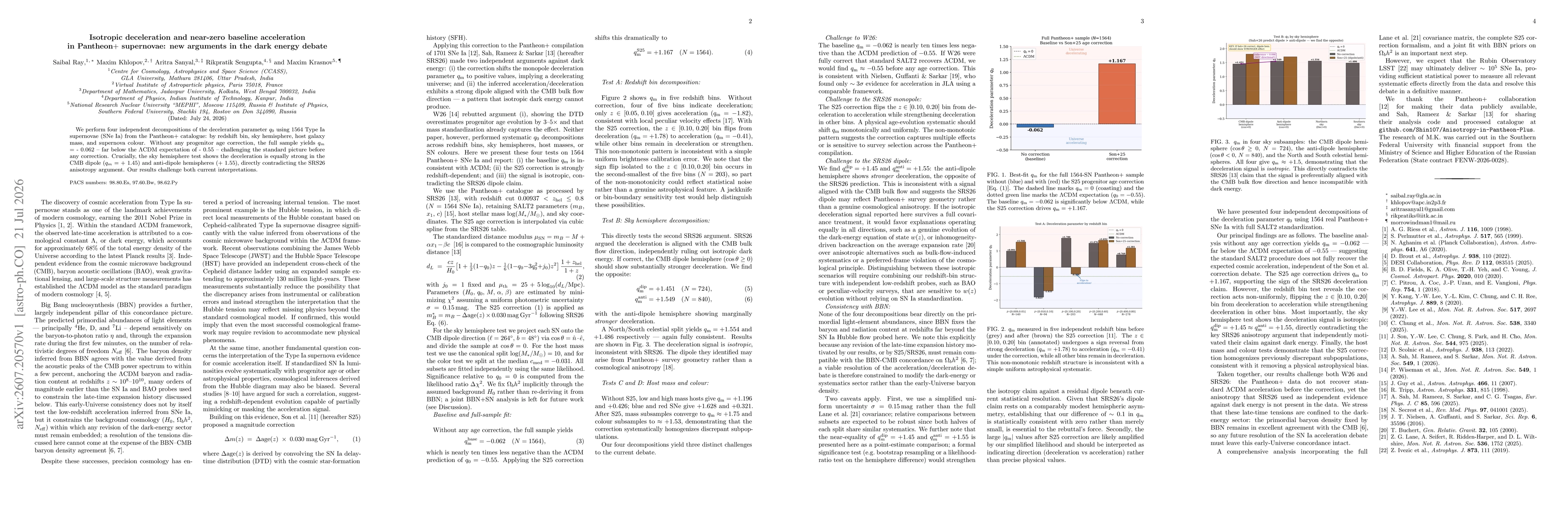 Thumbnail for Isotropic deceleration and near-zero baseline acceleration in Pantheon+ supernovae: new arguments in the dark energy debate