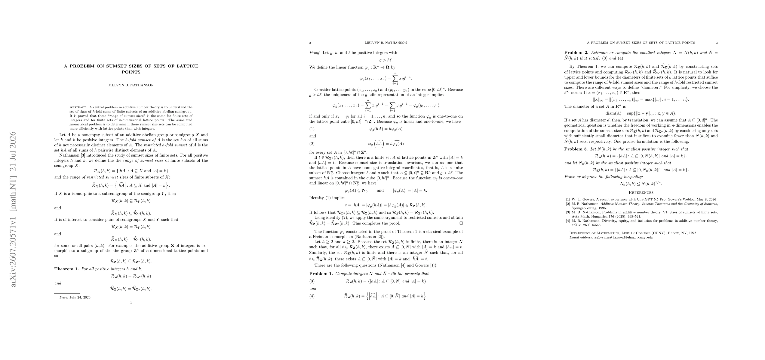 Thumbnail for A problem on sumset sizes of sets of lattice points
