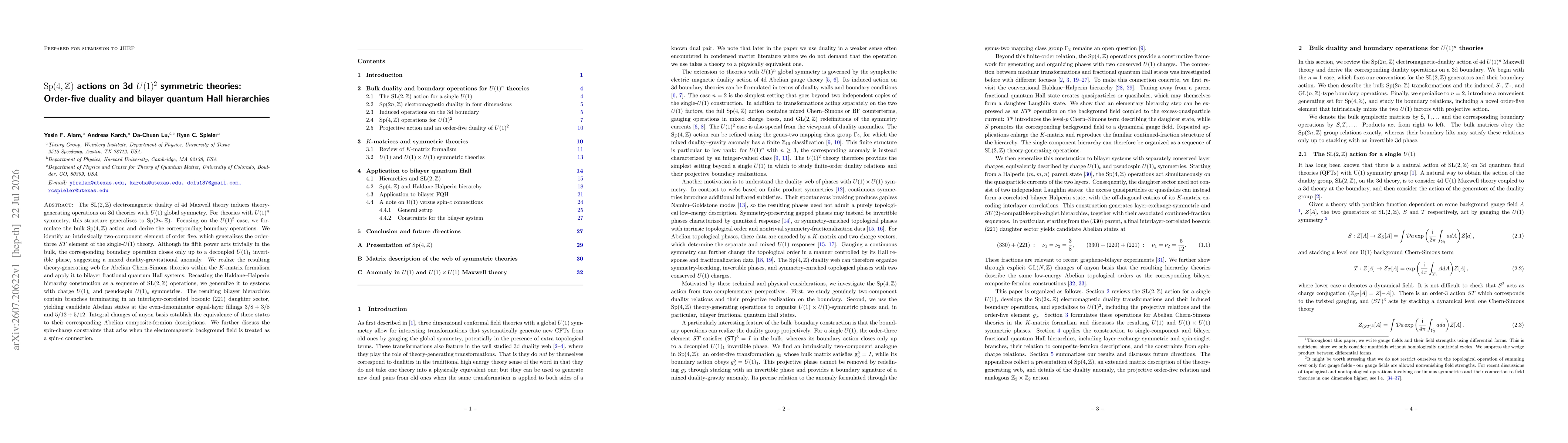 Thumbnail for Sp(4,Z) actions on 3d U(1)^2 symmetric theories: Order-five duality and bilayer quantum Hall hierarchies