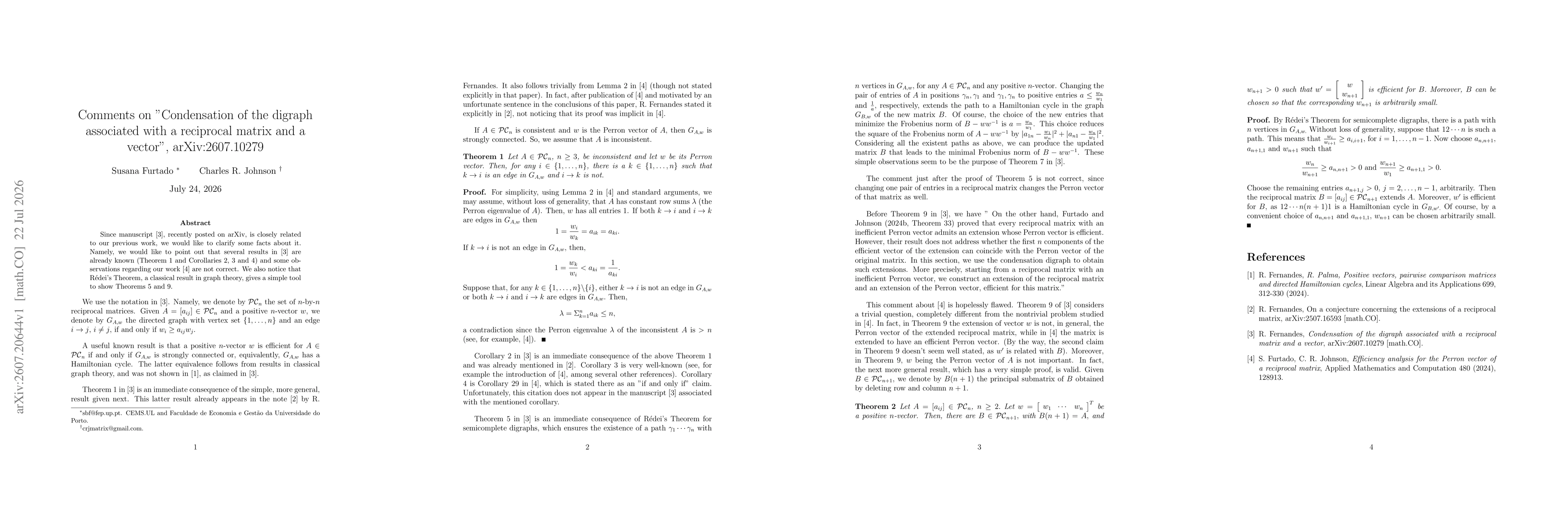 Thumbnail for Comments on "Condensation of the digraph associated with a reciprocal matrix and a vector", arXiv:2607.10279