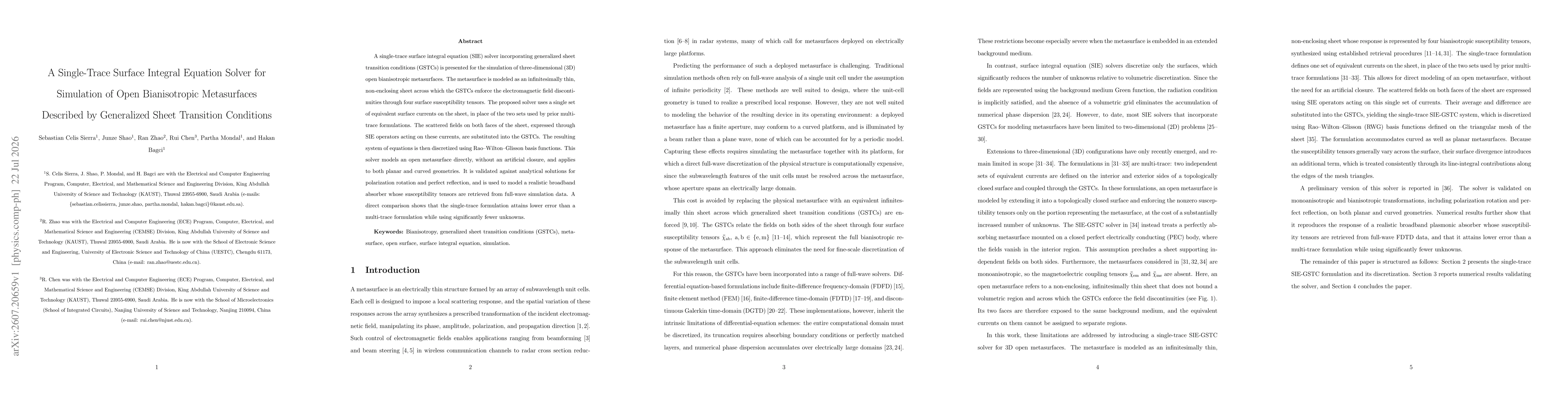 Thumbnail for A Single-Trace Surface Integral Equation Solver for Simulation of Open Bianisotropic Metasurfaces Described by Generalized Sheet Transition Conditions