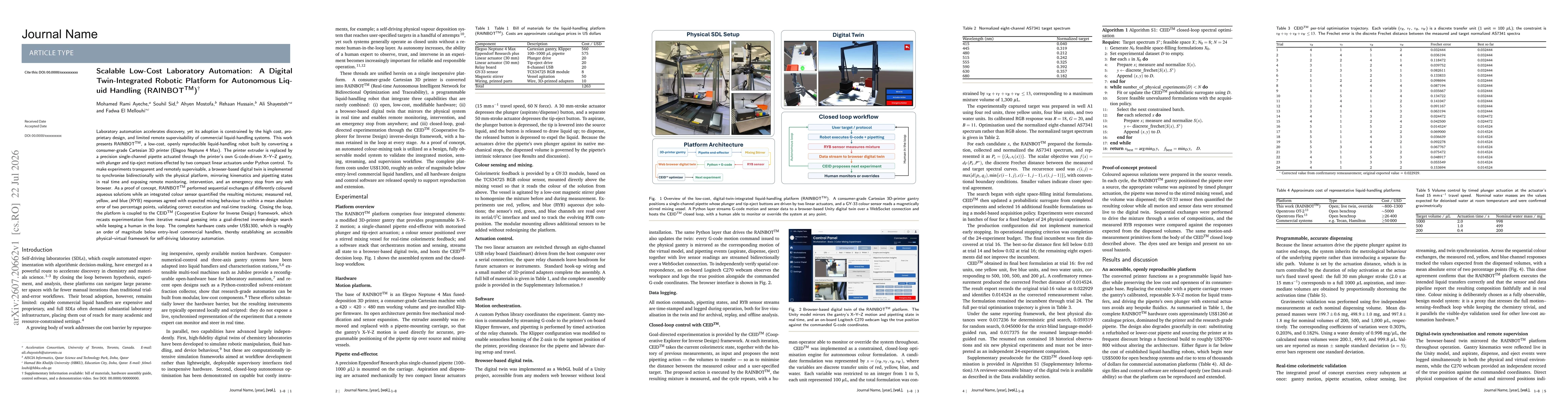 Thumbnail for Scalable Low-Cost Laboratory Automation: A Digital Twin-Integrated Robotic Platform for Autonomous Liquid Handling (RAINBOTTM)