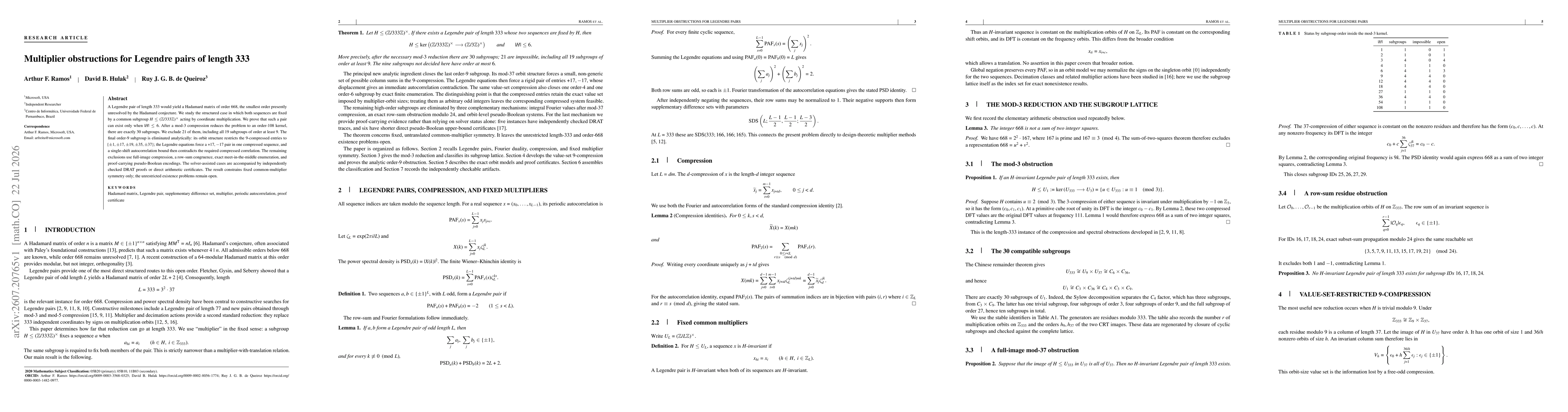 Thumbnail for Multiplier obstructions for Legendre pairs of length 333