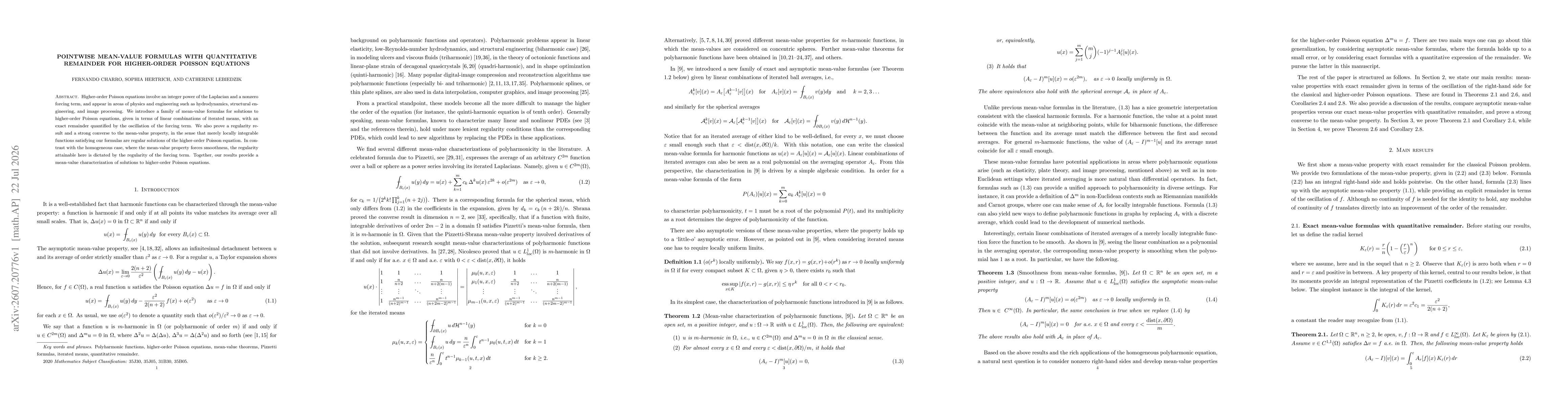 Thumbnail for Pointwise mean-value formulas with quantitative remainder for higher-order Poisson equations