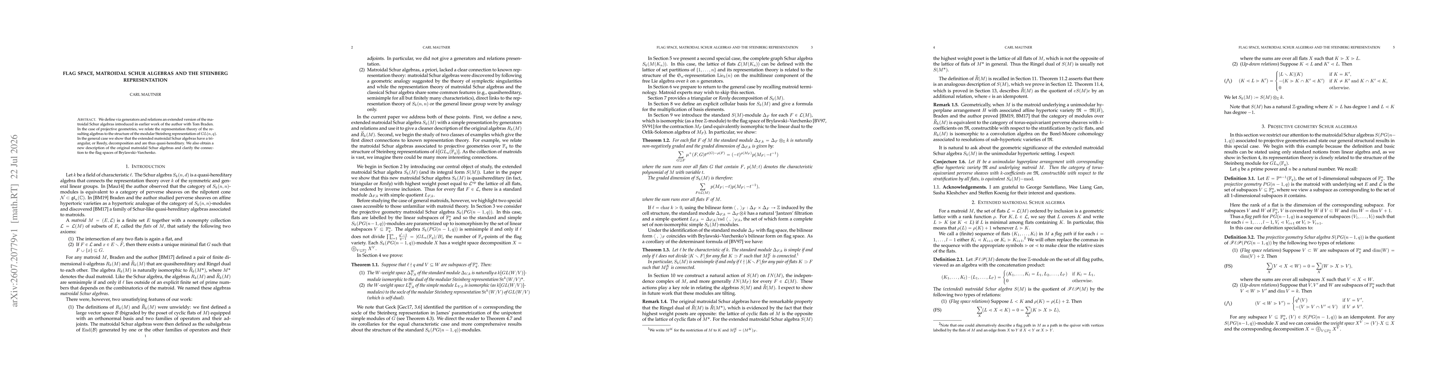 Thumbnail for Flag Space, Matroidal Schur Algebras and the Steinberg Representation
