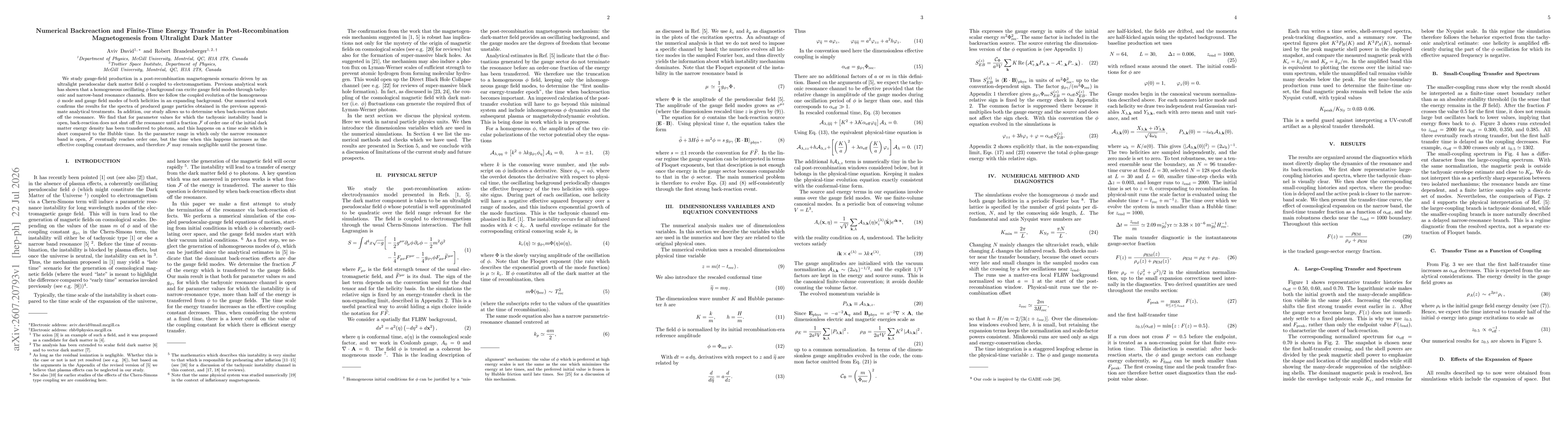 Thumbnail for Numerical Backreaction and Finite-Time Energy Transfer in Post-Recombination Magnetogenesis from Ultralight Dark Matter