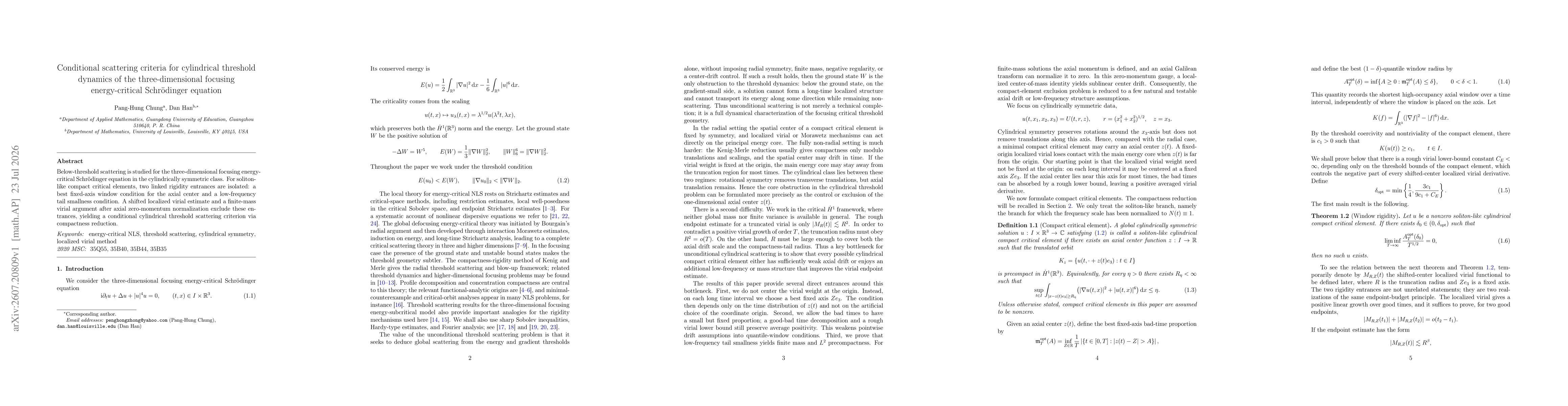 Thumbnail for Conditional scattering criteria for cylindrical threshold dynamics of the three-dimensional focusing energy-critical Schrödinger equation