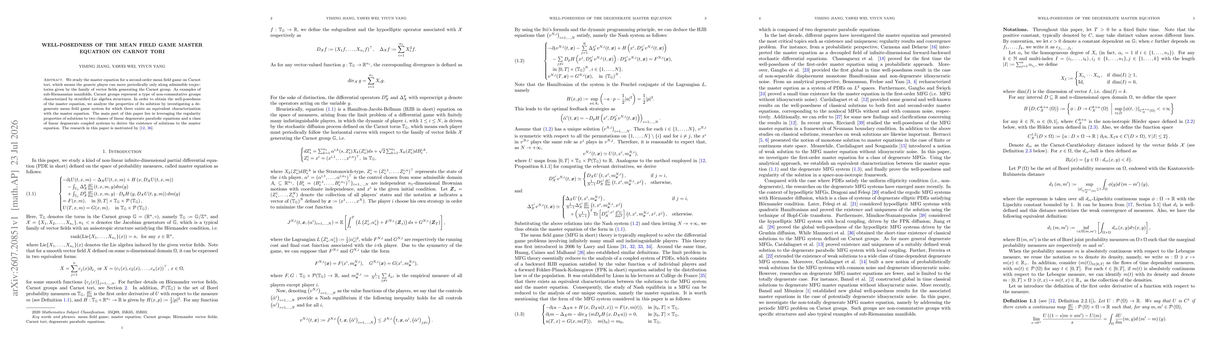 Thumbnail for Well-posedness of the mean field game master equation on Carnot tori