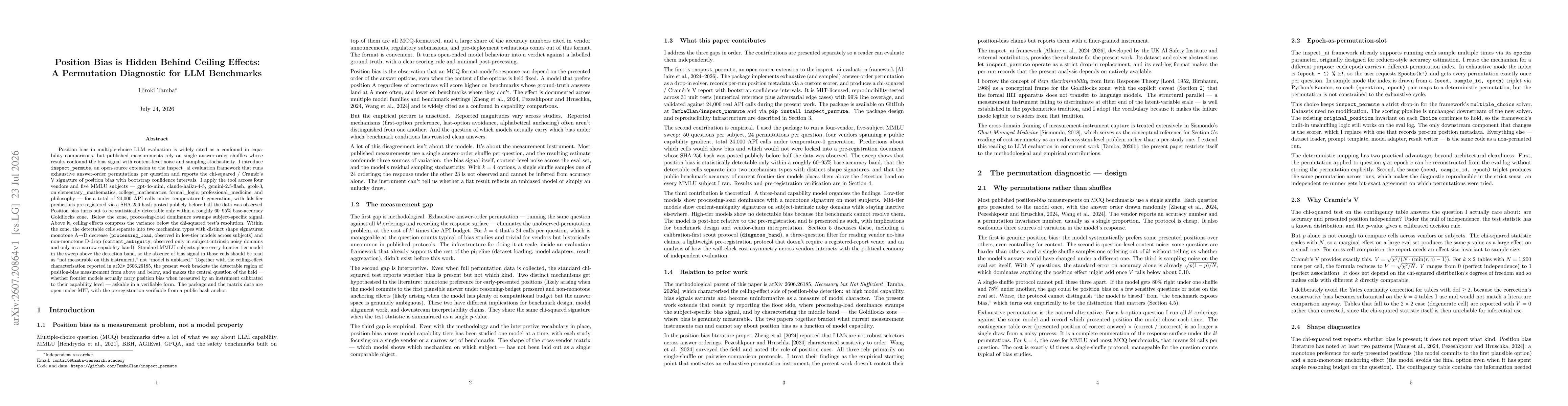 Thumbnail for Position Bias is Hidden Behind Ceiling Effects: A Permutation Diagnostic for LLM Benchmarks
