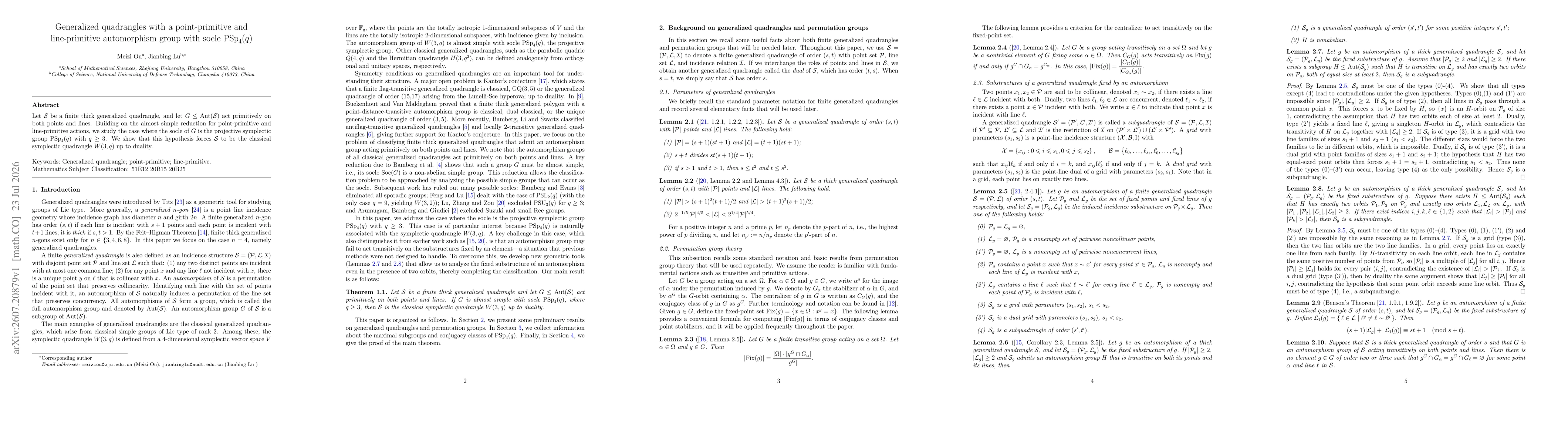 Thumbnail for Generalized quadrangles with a point-primitive and line-primitive automorphism group with socle $\PSp_4(q)$