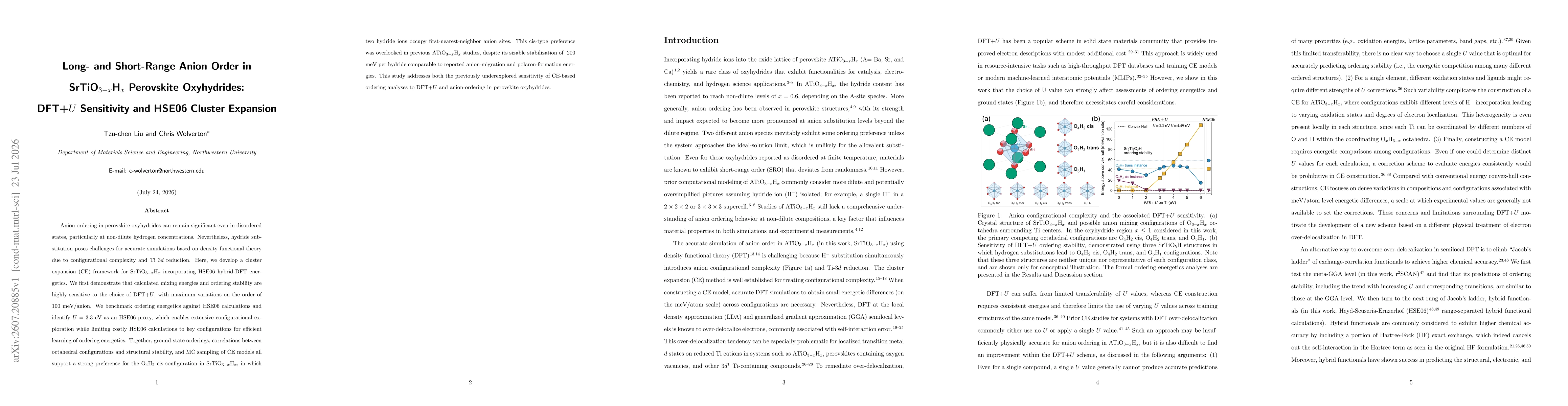 Thumbnail for Long- and Short-Range Anion Order in SrTiO$_{3-x}$H$_x$ Perovskite Oxyhydrides: DFT+$U$ Sensitivity and HSE06 Cluster Expansion