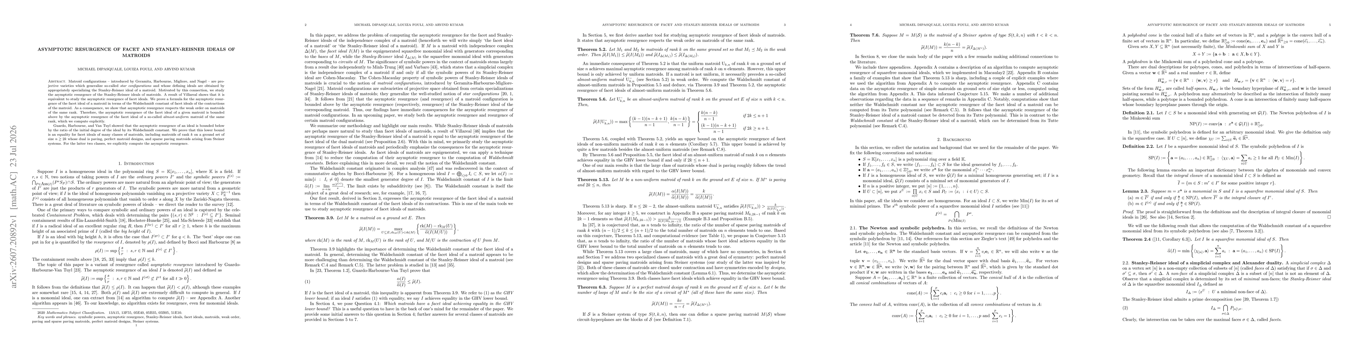Thumbnail for Asymptotic Resurgence of Facet and Stanley-Reisner ideals of Matroids