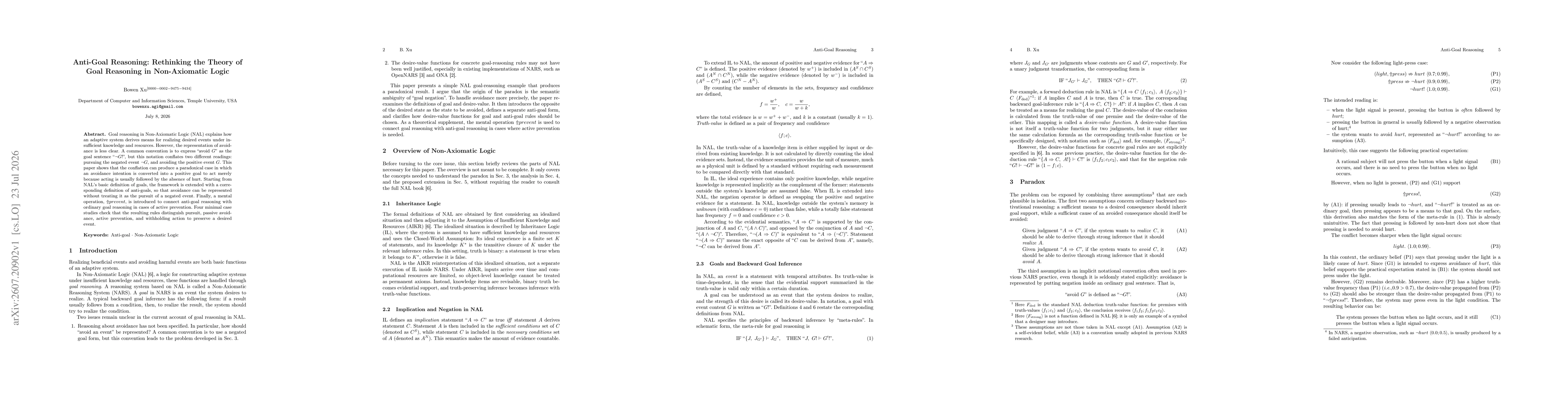 Thumbnail for Anti-Goal Reasoning: Rethinking the Theory of Goal Reasoning in Non-Axiomatic Logic