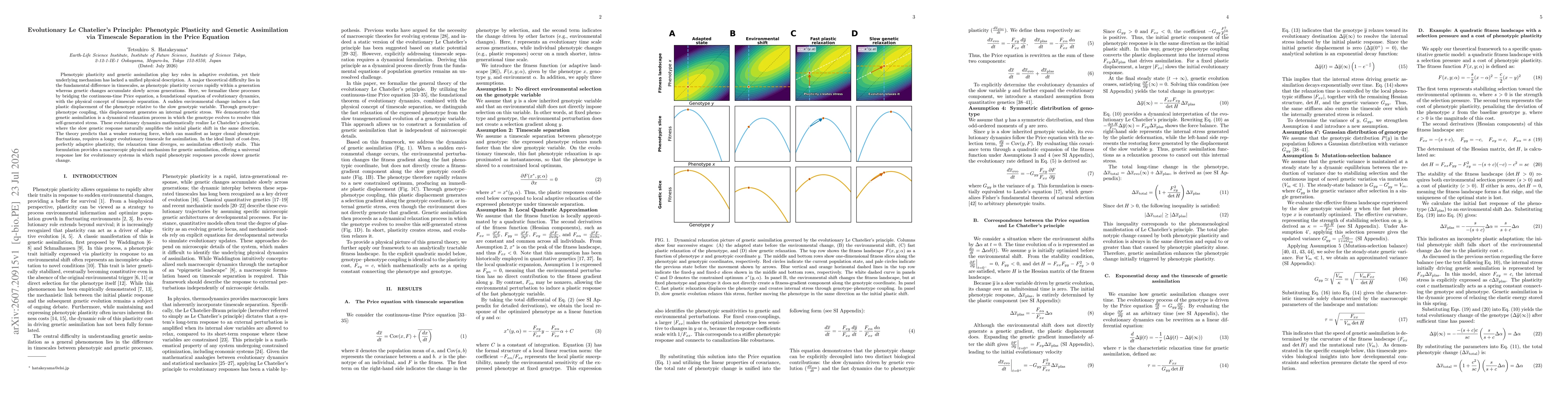 Thumbnail for Evolutionary Le Chatelier's Principle: Phenotypic Plasticity and Genetic Assimilation via Timescale Separation in the Price Equation