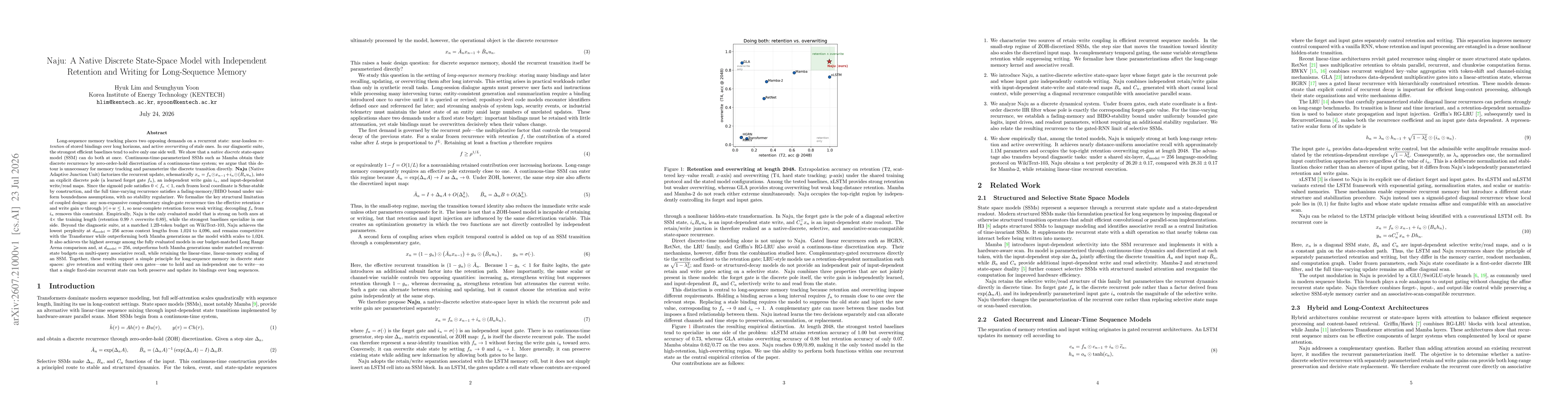 Thumbnail for Naju: A Native Discrete State-Space Model with Independent Retention and Writing for Long-Sequence Memory