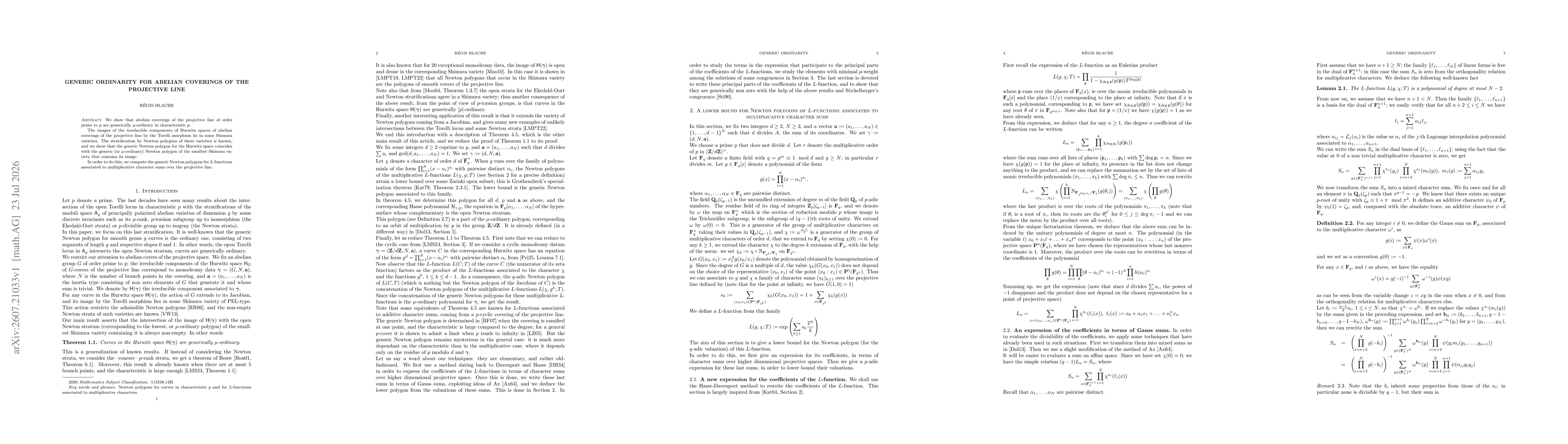 Thumbnail for Generic ordinarity for abelian coverings of the projective line