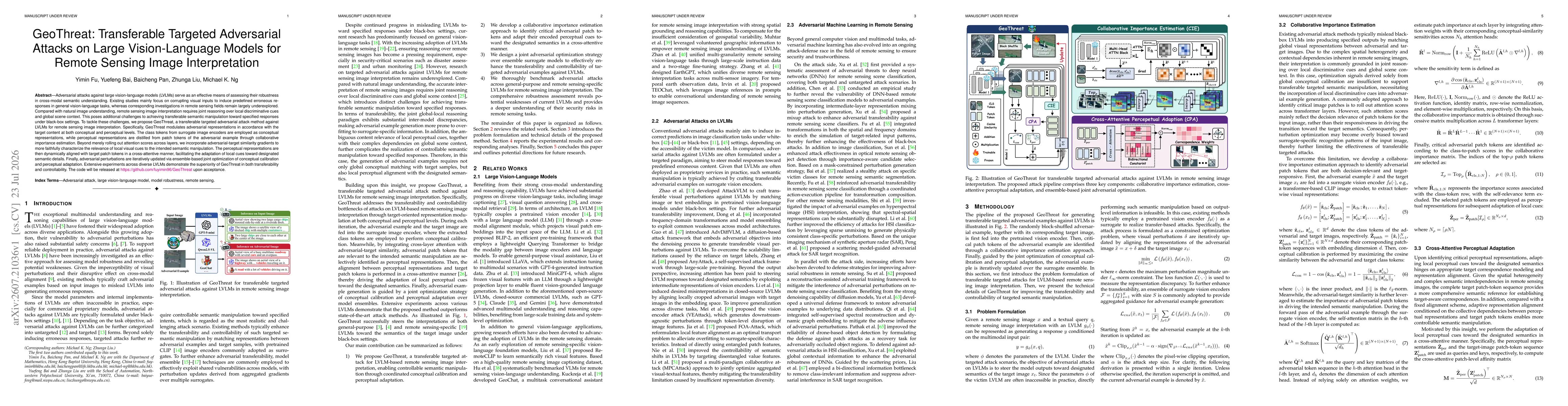 Thumbnail for GeoThreat: Transferable Targeted Adversarial Attacks on Large Vision-Language Models for Remote Sensing Image Interpretation