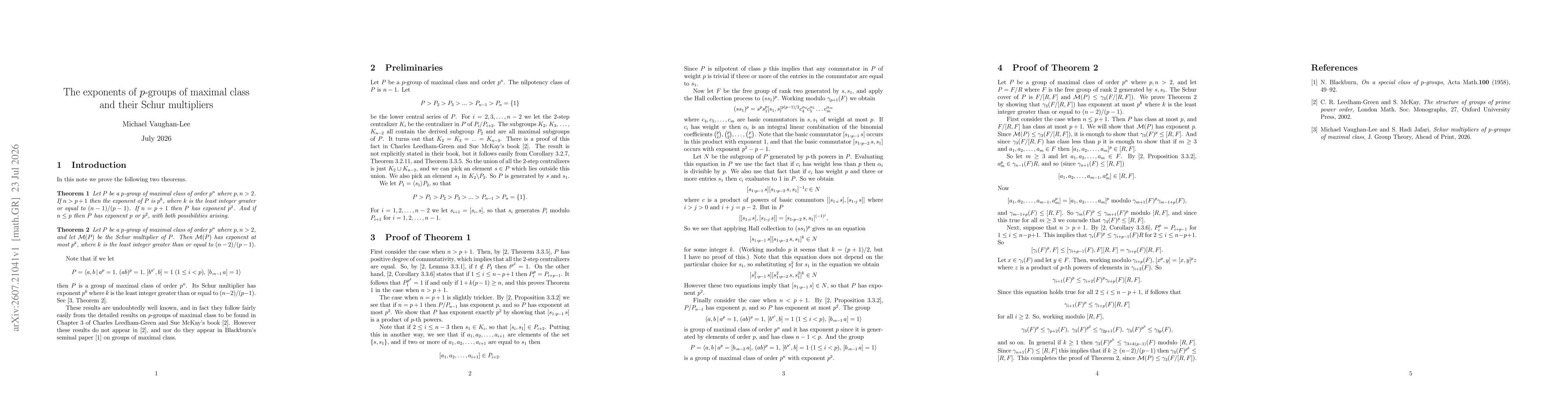 Thumbnail for The exponents of $p$-groups of maximal class and their Schur multipliers