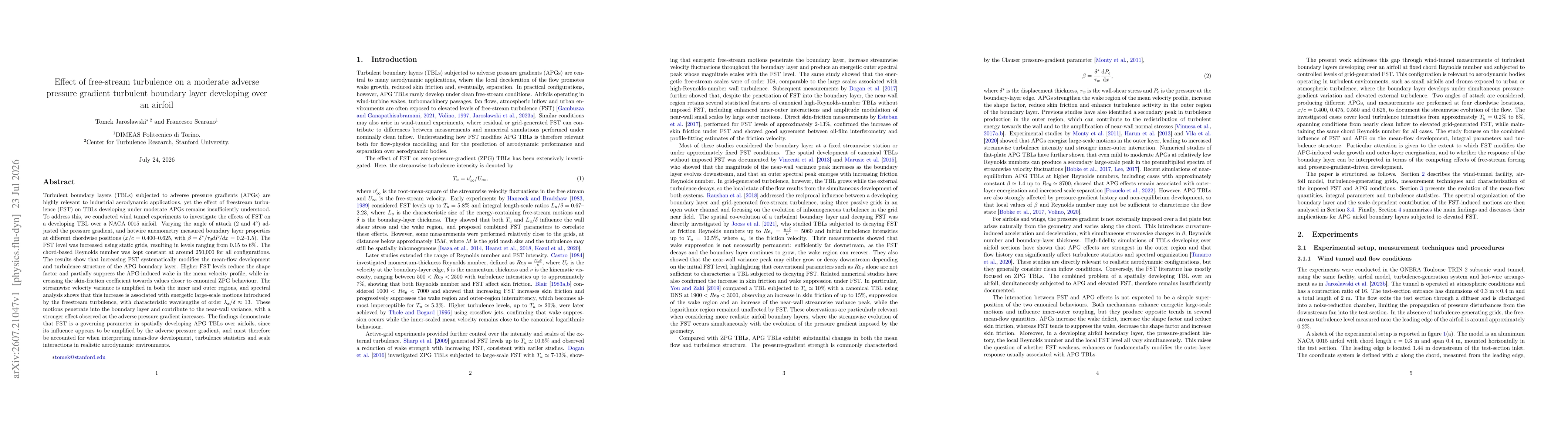 Thumbnail for Effect of free-stream turbulence on a moderate adverse pressure gradient turbulent boundary layer developing over an airfoil